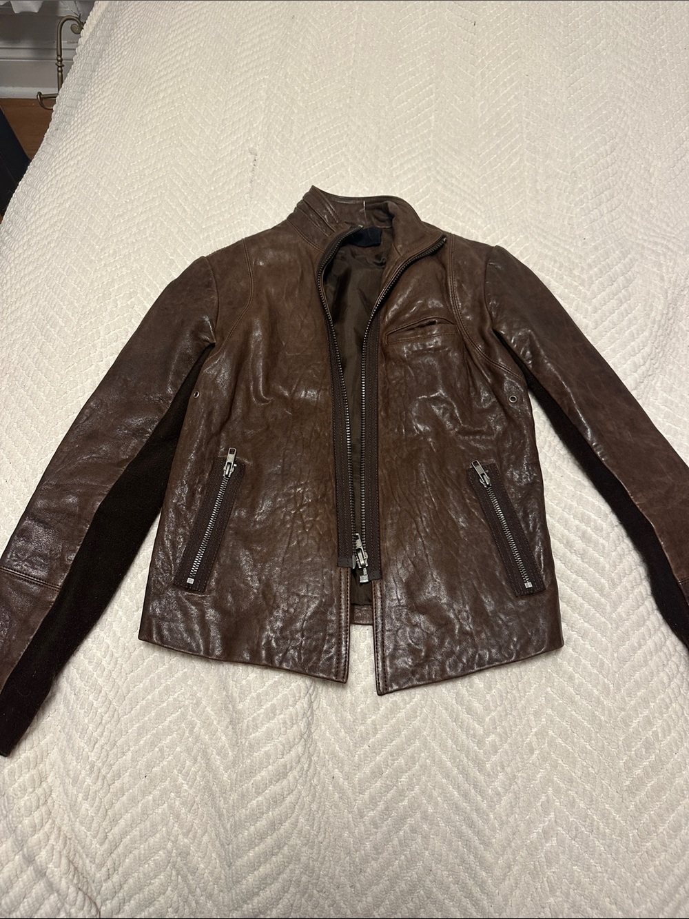 Veda Brown Leather Moto Jacket with Zip Pockets